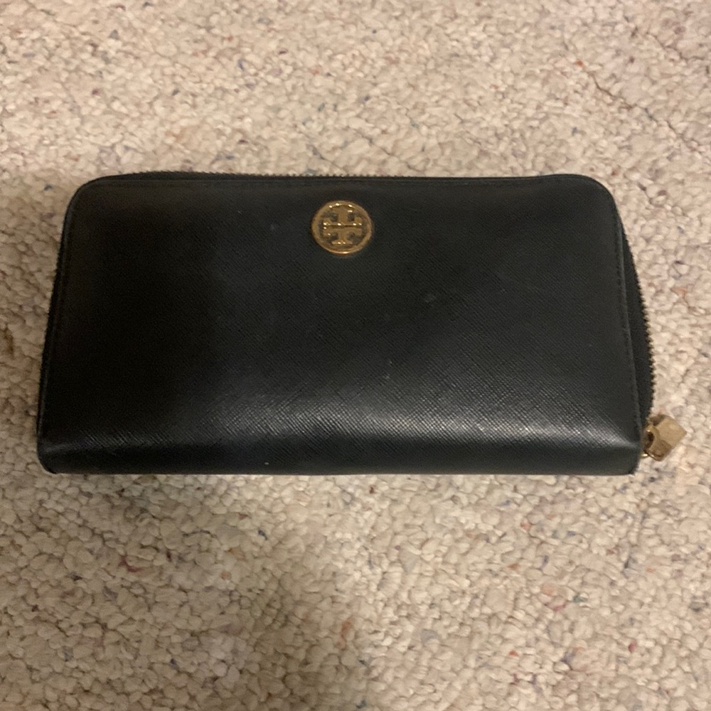 Tory Burch Black Zip-Around Leather Wallet with Gold Logo